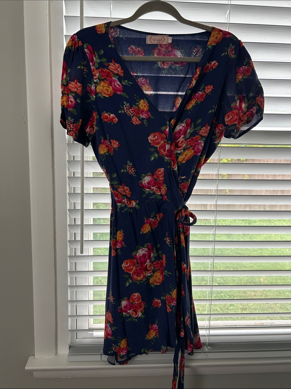 Blush Navy Floral Wrap Mini Dress with Red & Pink Roses